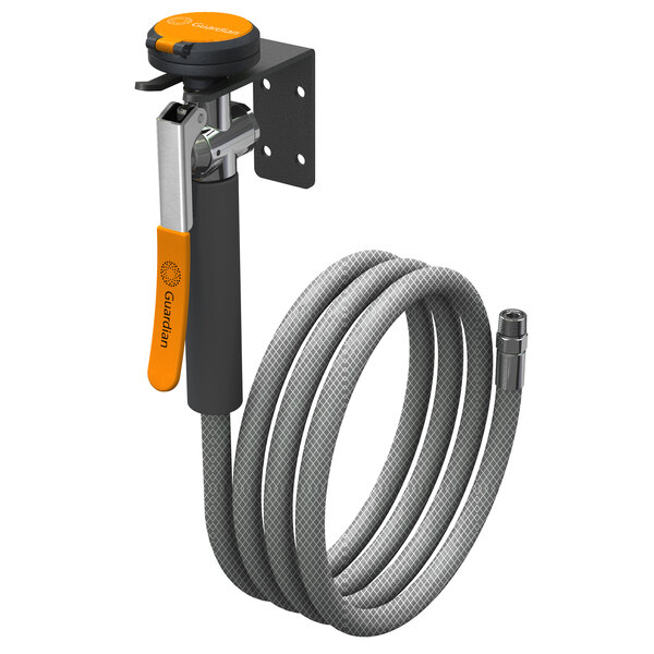 A Guardian Equipment hose with a metal hook and squeeze valve with an orange handle.
