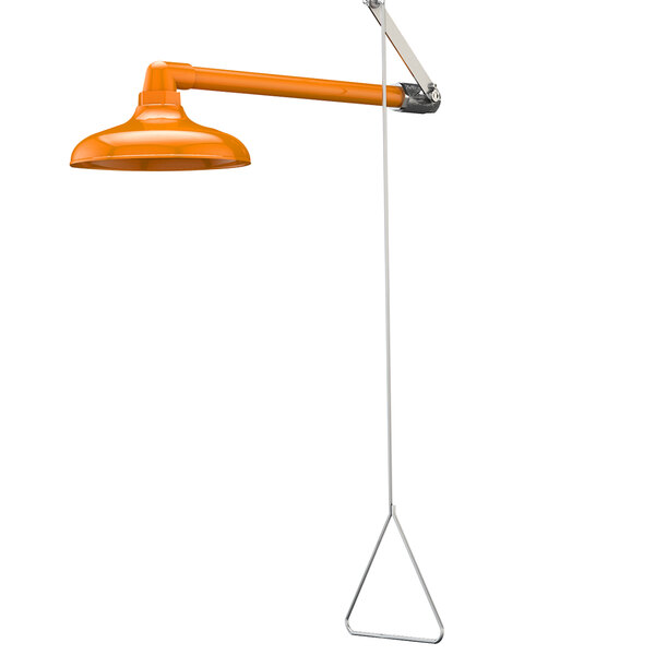 A long metal pole with an orange triangle lamp hanging from it.