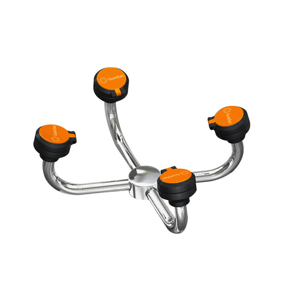 A metal stand with orange and black objects.
