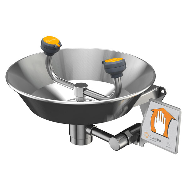 A stainless steel eyewash station bowl with two levers.