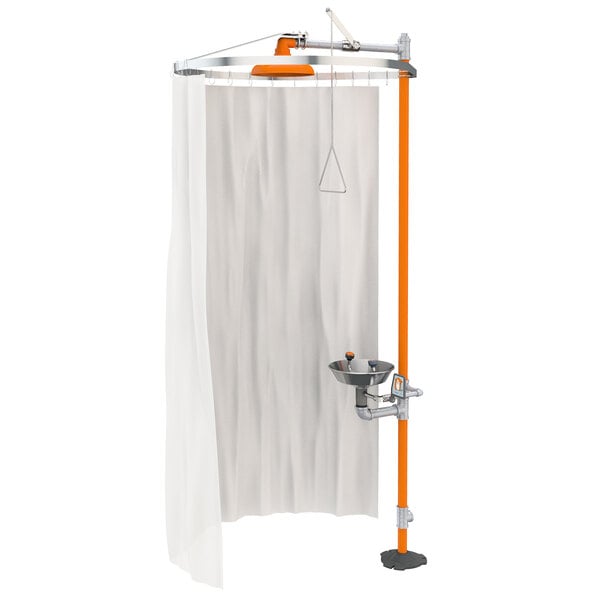 A Guardian Equipment horizontal shower with a white curtain.
