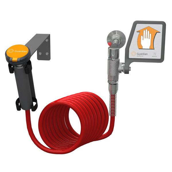 A red Guardian Equipment coiled hose with a remote control sign.