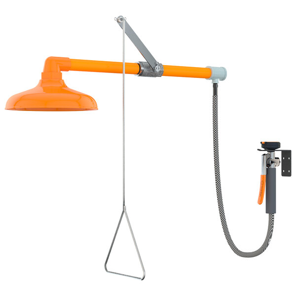 An orange Guardian Equipment emergency shower head and hose.
