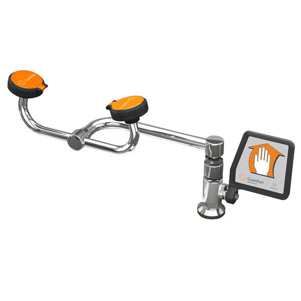 A metal eye and face wash station with orange handles.