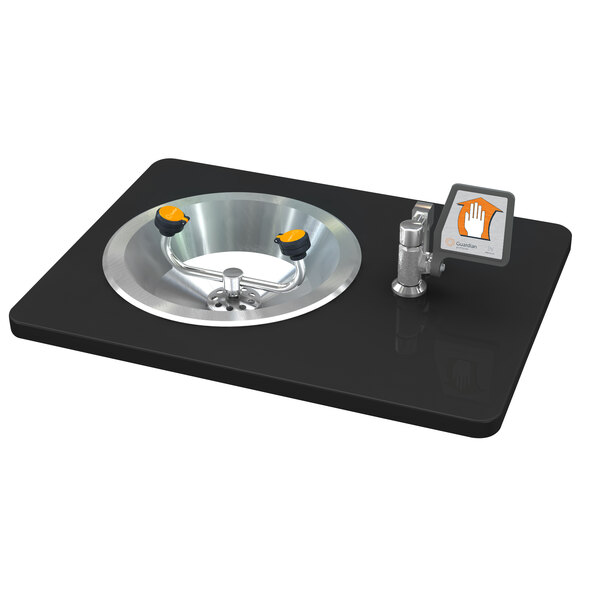 A stainless steel rectangular recessed eyewash station with black flag handles.