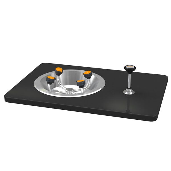 A black rectangular sink with a stainless steel bowl and orange push-down buttons.