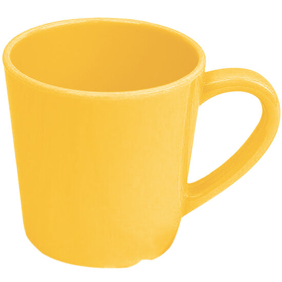 A close-up of a yellow Thunder Group melamine mug with a handle.