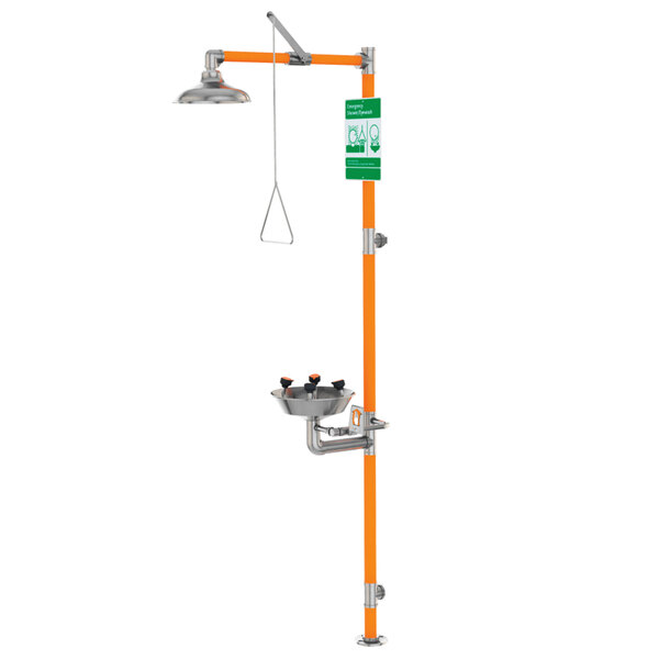 A Guardian Equipment Type 316 Stainless Steel Safety Station with Eye / Face Wash and a green hose.