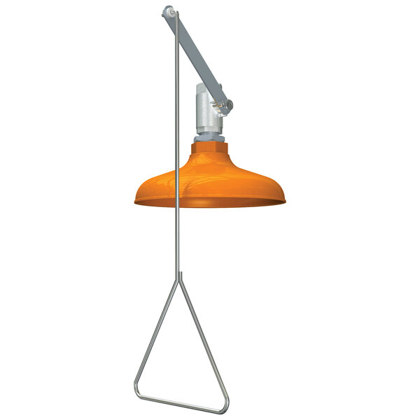 An orange lamp shade on a stainless steel pole triangle.