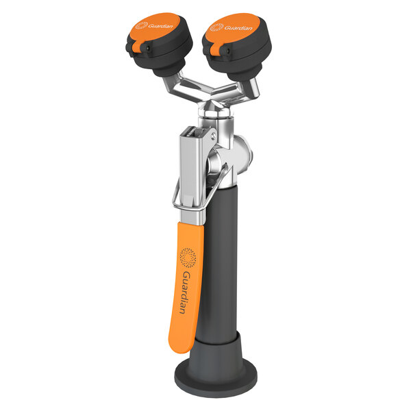 A black metal Guardian Equipment deck mounted eyewash station with orange handles.
