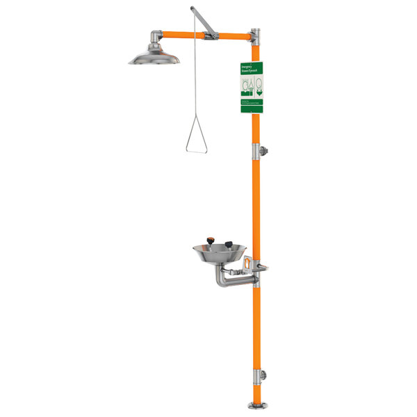 A Guardian Equipment Type 316 Stainless Steel Eyewash and Shower Safety Station with a hose and shower head.