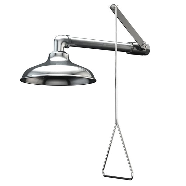 A silver Guardian Equipment emergency shower head with a metal handle and wire attachment.