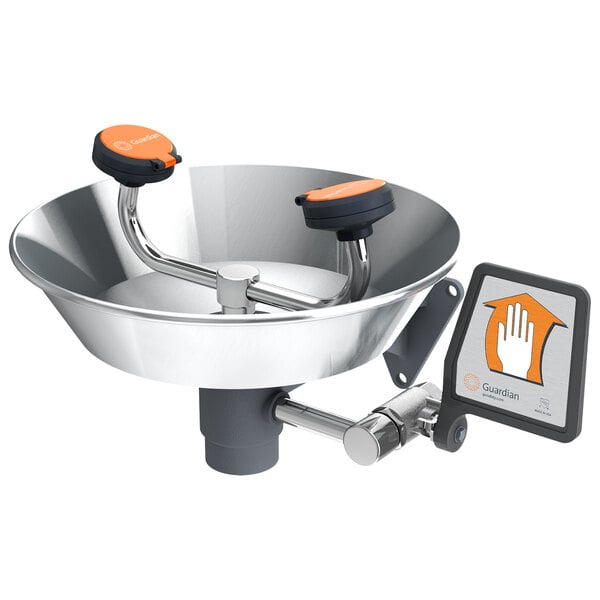 A Guardian Equipment G1750 wall mounted eye wash station with a stainless steel bowl and orange handle.