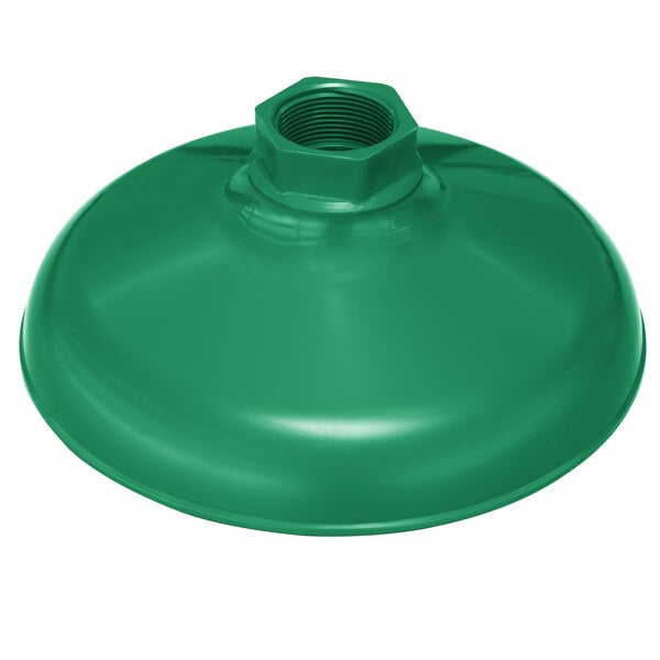 A green plastic shower head with a nut