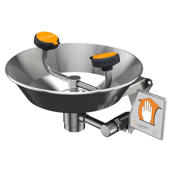 A stainless steel bowl with orange handles and a metal handle.
