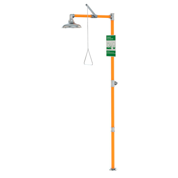 A Guardian Equipment stainless steel emergency shower with a green and orange shower head and green hose.