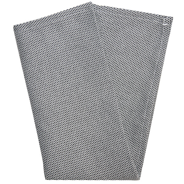 A folded black and white Milan birdseye cloth napkin.