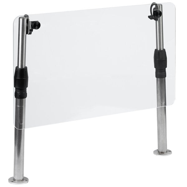 A Vollrath clear plastic safety partition with metal legs.