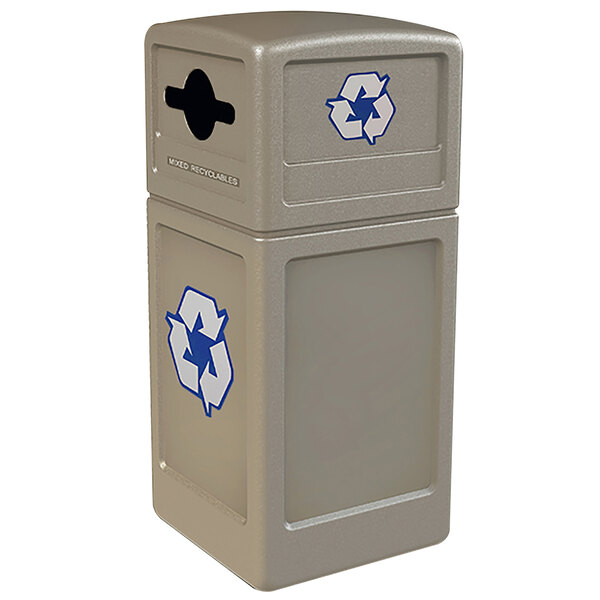 A beige Commercial Zone recycling container with a mixed recycling slot and a blue recycling symbol.