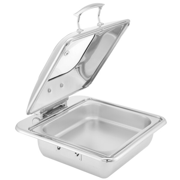 A silver stainless steel Walco rectangle chafer with a glass top lid open.