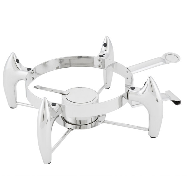 A silver stainless steel Walco chafer stand with metal legs.