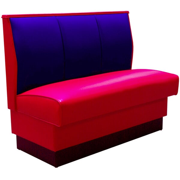 An American Tables & Seating single booth with red and blue upholstery.