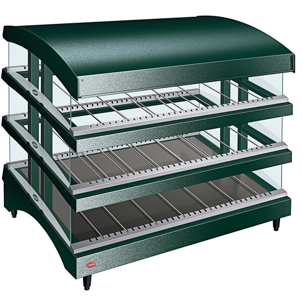 A green and black metal Hatco countertop heated glass display case with three shelves.