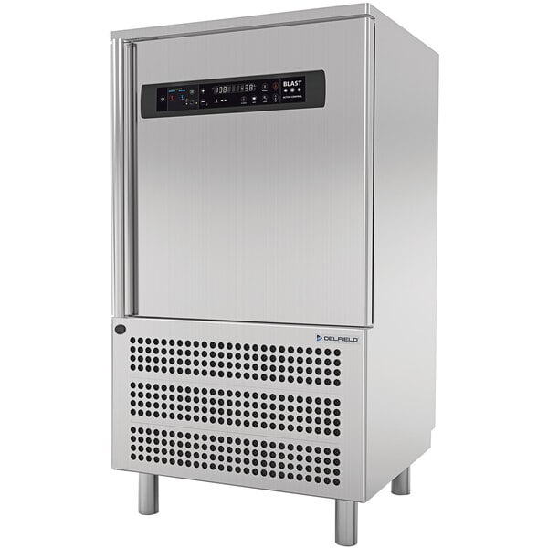 A stainless steel Delfield blast chiller with a black and silver digital display.