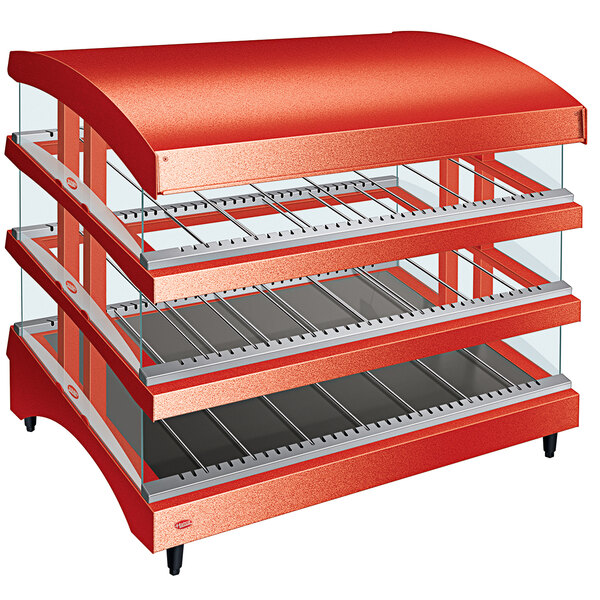 A red Hatco countertop display case with heated glass shelves.