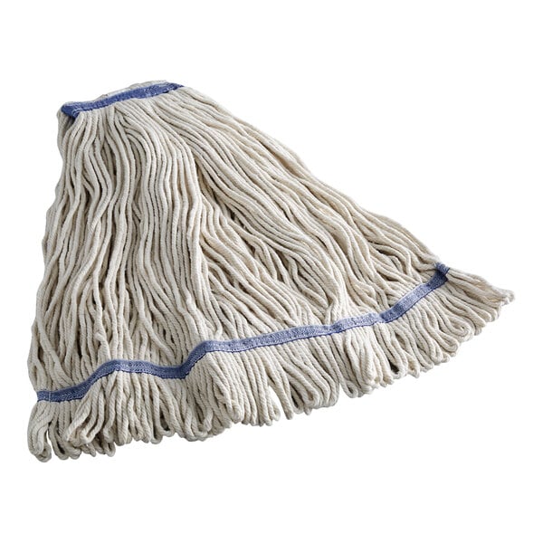 A white Choice natural cotton wet mop with blue trim.