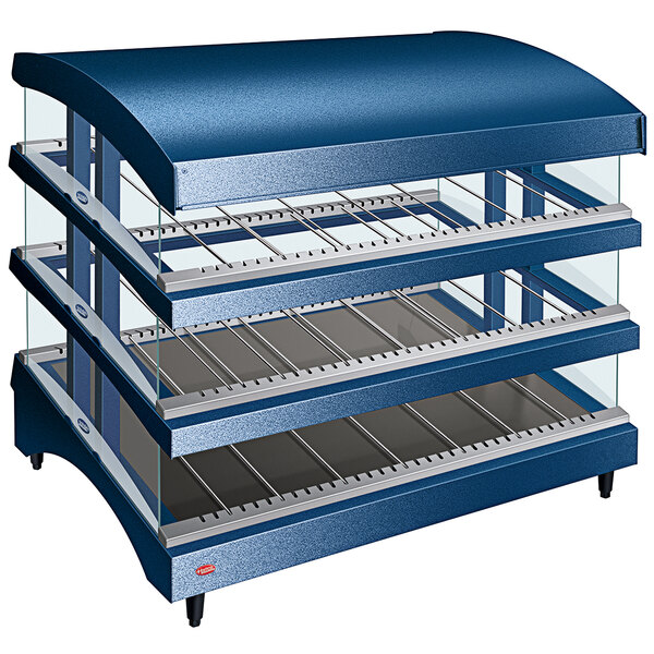 A blue Hatco countertop heated glass display case with three shelves.
