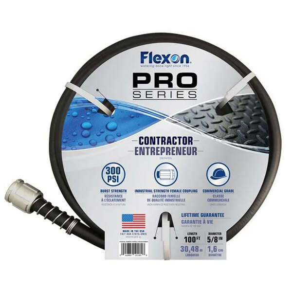 A black and white Flexon Pro Series contractor grade hose with a black handle.