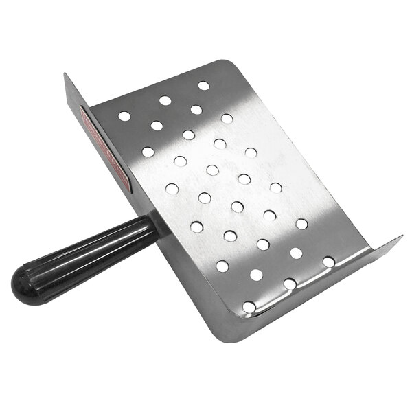 A stainless steel scoop with holes in the bottom.