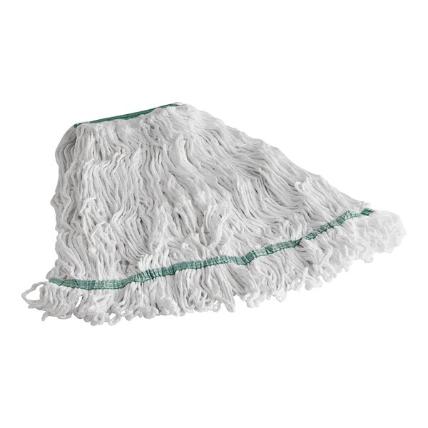 A white mop with green trim.