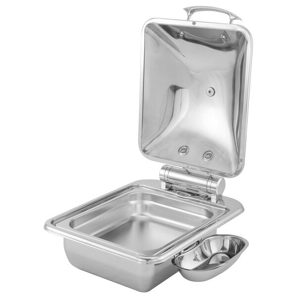 A Walco stainless steel rectangle chafer with a metal lid open.