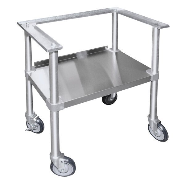 A stainless steel TSS portable stand with wheels for Texican chip warmers.