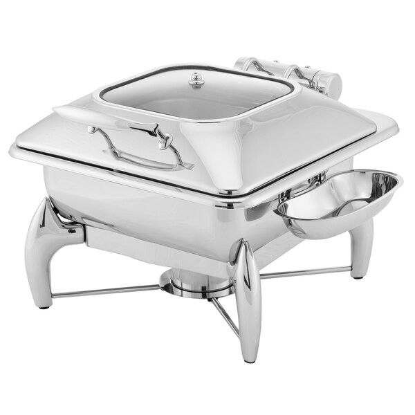A silver rectangular stainless steel chafer with a bowl on top.