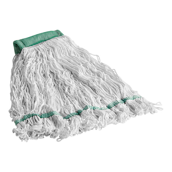 A close-up of a white Lavex wet mop with green trim.