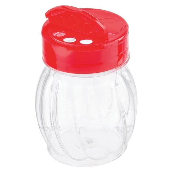 A clear plastic Tablecraft shaker with a red lid.