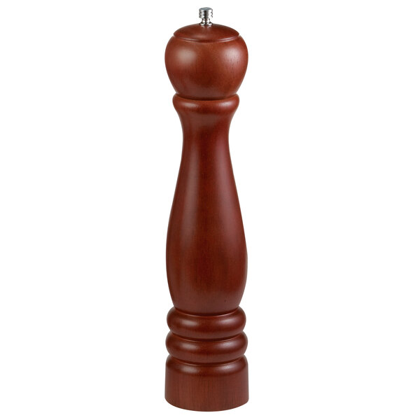 A Tablecraft Wood Pepper Mill with a metal cap and handle.