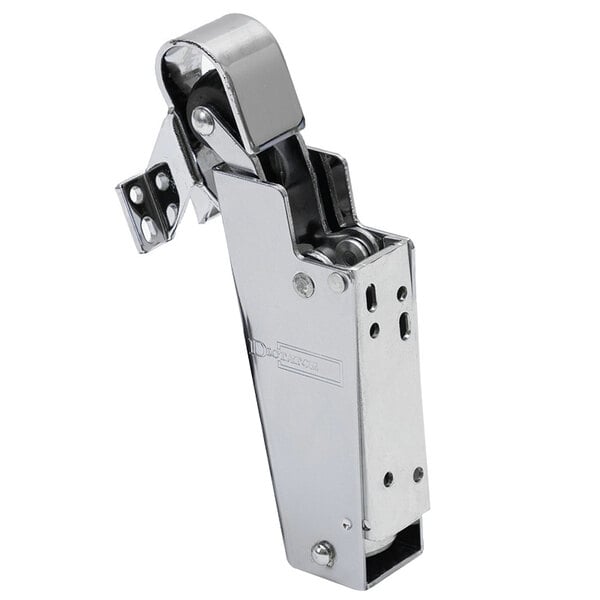A chrome metal Bally door closure with a metal handle and roller.