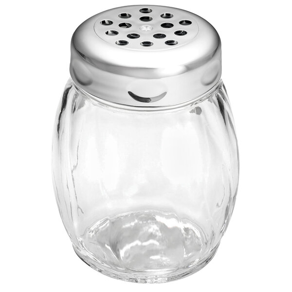 A Tablecraft clear plastic swirl shaker with a chrome-plated top.