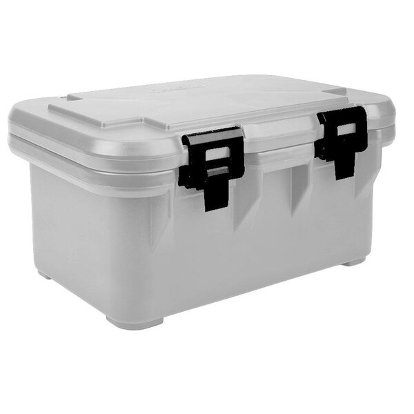 A speckled gray Cambro top loading food pan carrier with black handles.