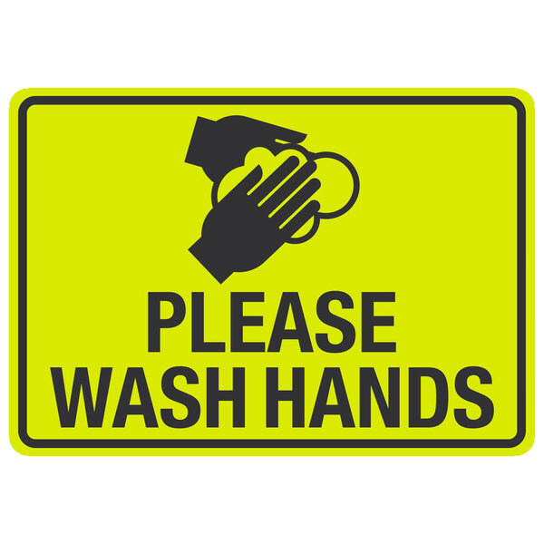 A yellow sign with black text and hands washing that says "Please Wash Hands"
