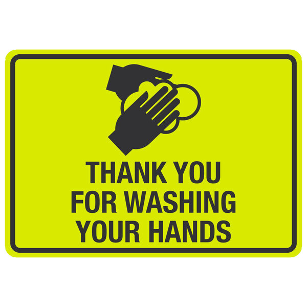 A yellow and black sign with black text and hands washing.