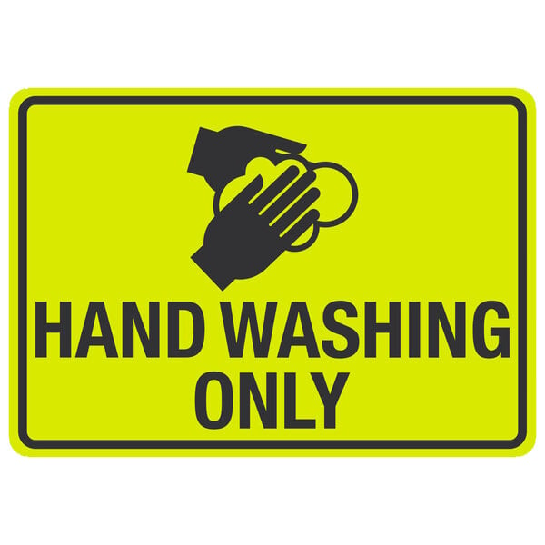 A yellow sign with black text and a hand washing icon.