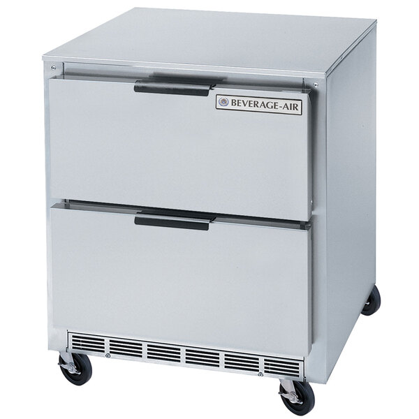 A stainless steel Beverage-Air undercounter freezer with two drawers.