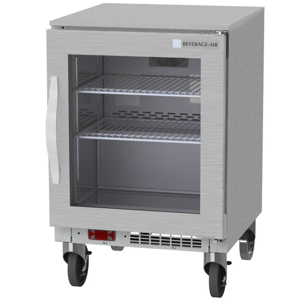 A stainless steel Beverage-Air undercounter refrigerator with shelves and wheels.