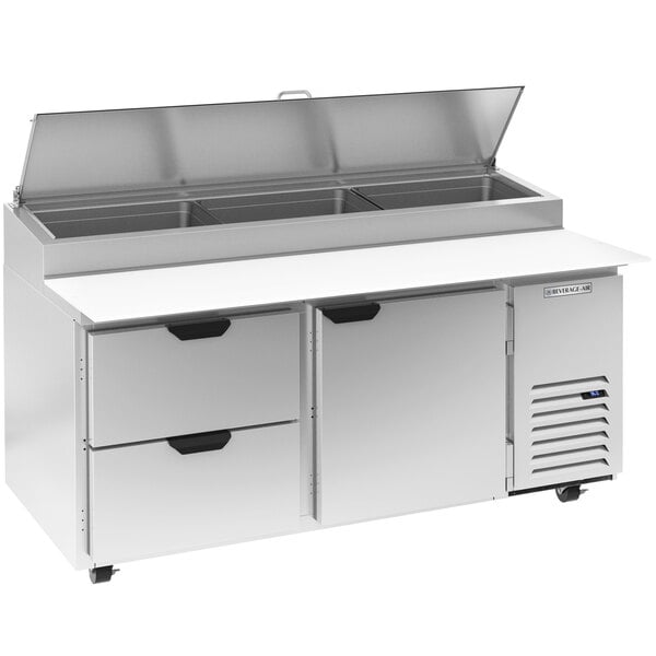 A stainless steel Beverage-Air pizza prep table with 2 drawers and a clear lid.