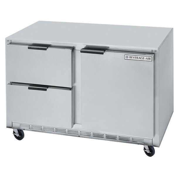 A stainless steel Beverage-Air undercounter freezer with two drawers.